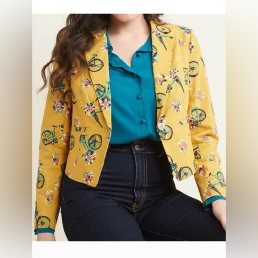 Modcloth Yellow Bicycle Print Blazer NWOT